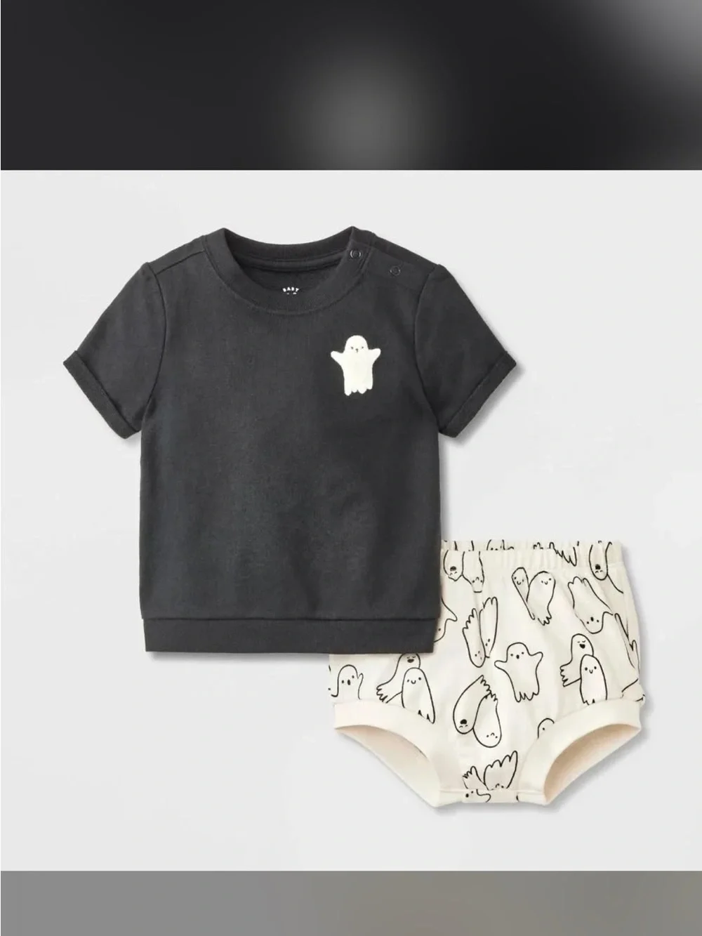 Unisex Black & Cream Ghost Print Baby Tee and Bloomer Set